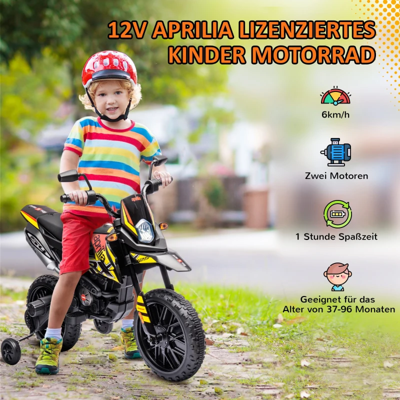 AIYAPLAY 12V Kindermotor met Trainingswielen, LED-Lichten, Muziek, USB, Elektrische Motorfiets voor Jongens en Meisjes, Geel(m-4)