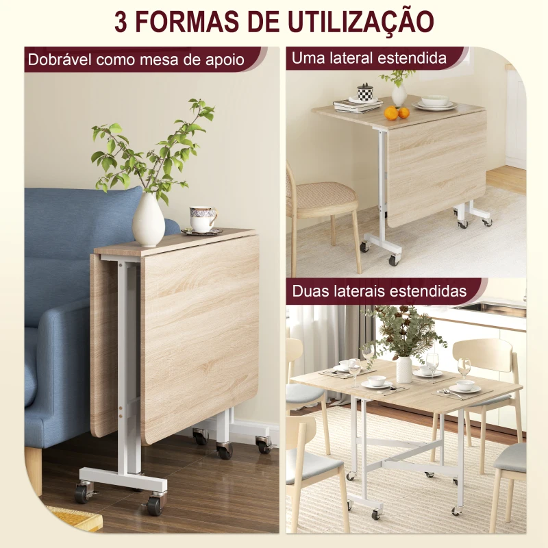HOMCOM Mesa Dobrável de Cozinha para 4-6 Pessoas Mesa de Sala de Jantar Dobrável com Rodas e Laterais Dobráveis 120x80x73 cm Madeira