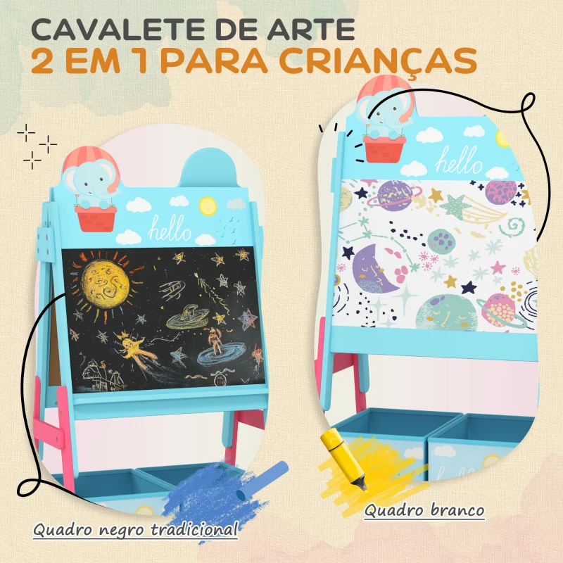 AIYAPLAY Cavalete para Crianças 2 em 1 Arsósia Infantil com Dupla Face 2 Caixas de Arrumação com Estampa em Animais 49x53,5x113 cm Azul