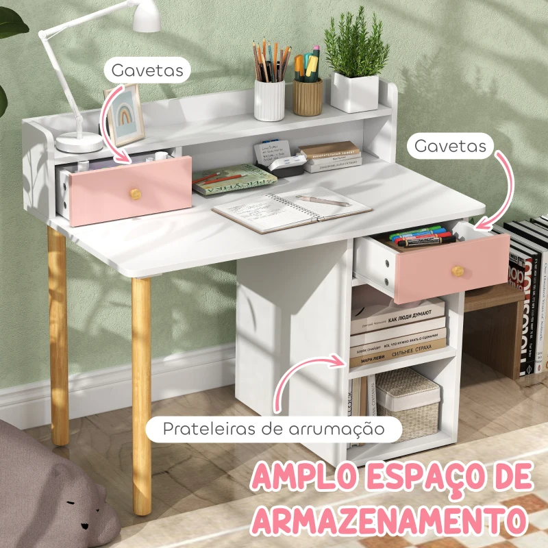 AIYAPLAY Conjunto de Secretária e Cadeira para Crianças Mesa de Estudo com Prateleiras e Gaveta Carga 80 kg 85x48x73 cm Rosa