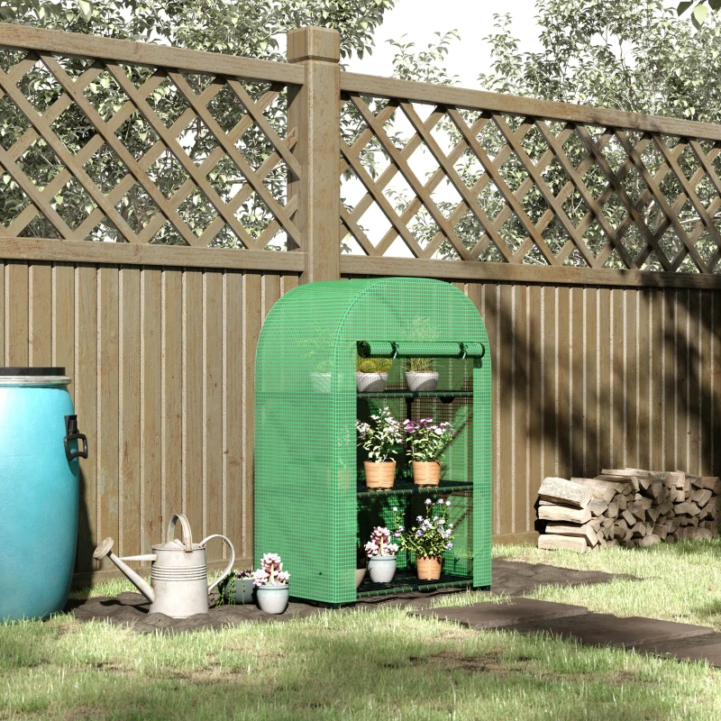 Outsunny Foliengewächshaus Balkon mit 3 Ablagen Mini Gewächshaus Treibhaus Tomatenhaus Pflanzenhaus Frühbeet Metall Grün 80 x 49 x 120 cm