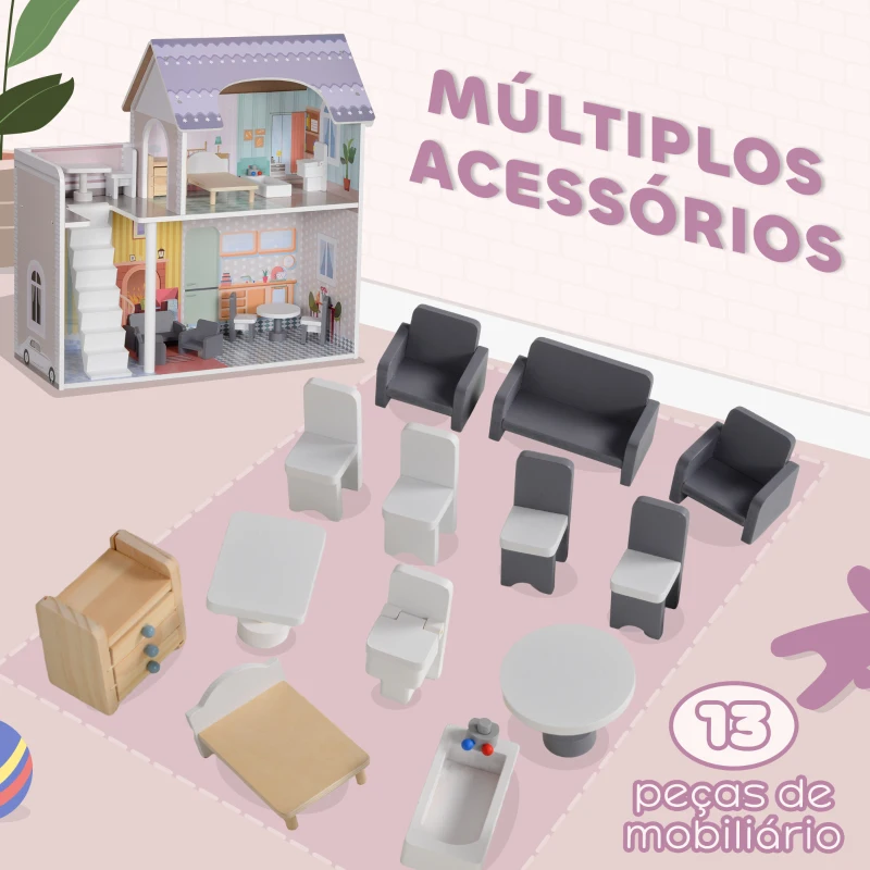 AIYAPLAY Casa de Bonecas com Móveis e Acessórios Casa de Bonecas de Madeira com Varanda e 2 Andares  60x26,6x60 cm Multicor