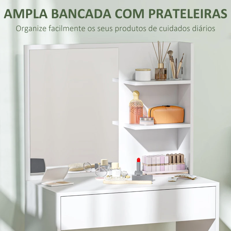 HOMCOM Toucador de Maquilhagem com Espelho Mesa de Maquilhagem com Gaveta e Prateleiras Abertas  75x40x137 cm Branco