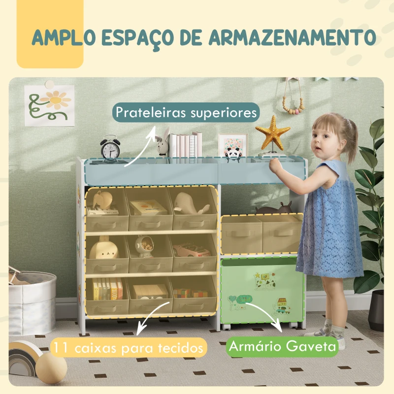 AIYAPLAY Organizador de Brinquedos para Crianças com 11 Cestas Amovíveis Compartimentos e Autocolantes 105x30x80 cm Branco e Cinza