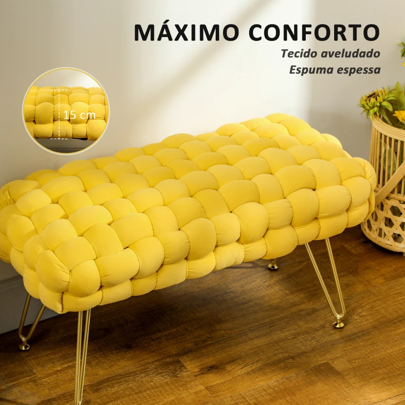 HOMCOM Apoio para os Pés Sala de Estar em Veludo com Pés de Metal e Assento Acolchoado para Dormitório Entrada 76x38x41,5 cm Amarelo