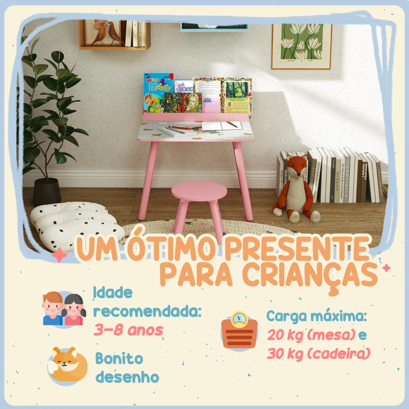 AIYAPLAY Mesa e Cadeira para Crianças com Prateleira para Livros Secretária para Crianças acima de 3 Anos Rosa