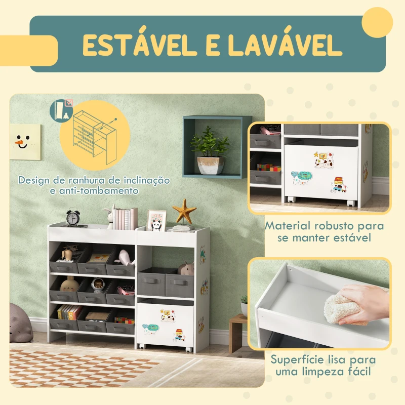 AIYAPLAY Organizador de Brinquedos para Crianças com 11 Cestas Amovíveis Compartimentos e Autocolantes 105x30x80 cm Branco e Cinza