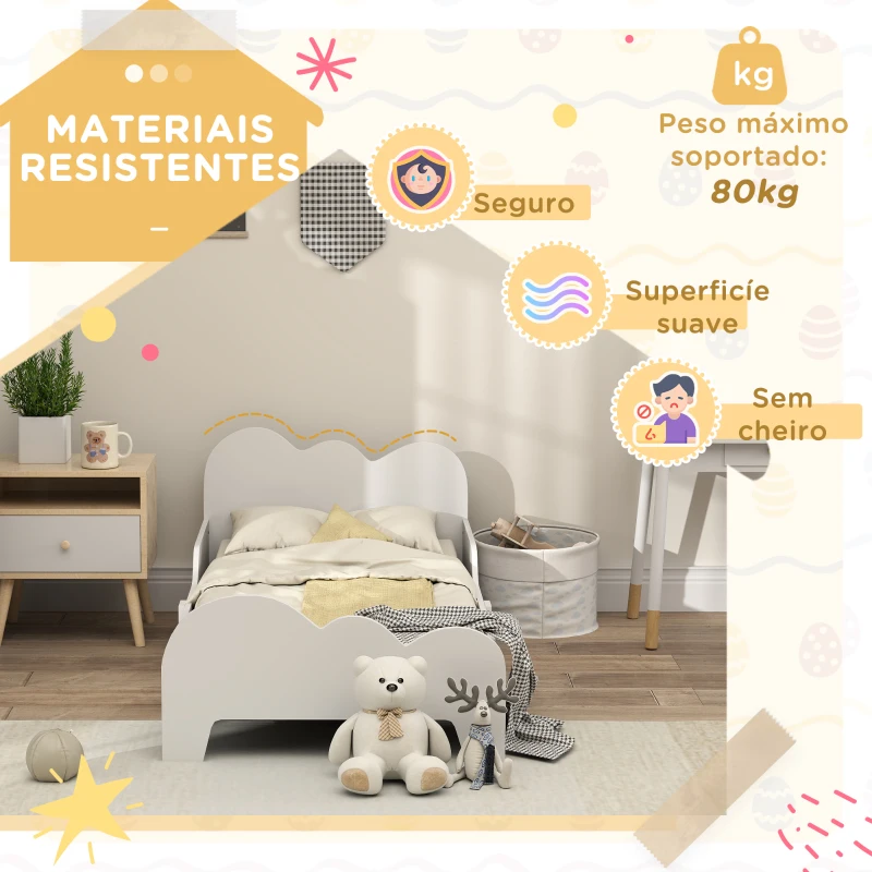AIYAPLAY Cama para Crianças 143,5x74,5x56 cm Estrutura de Cama Infantil com Desenho de Núvem e Barreira de Segurança Branco