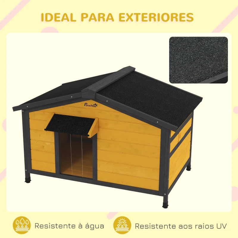 PawHut Casa para Cães de Madeira Casa para Animais de Estimação com Teto Asfáltico 2 Janelas Porta com Cortina 97x72x65 cm Madeira