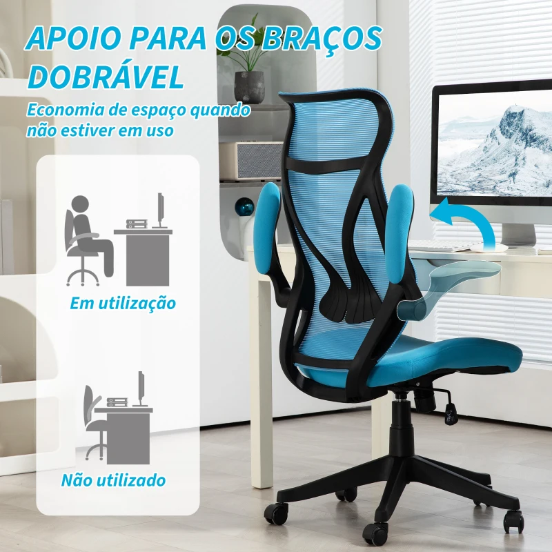 HOMCOM Cadeira de Escritório Giratória com Altura Ajustável Apoio para os Braços Dobráveis e Função Basculante 66x66x113-121 cm Azul