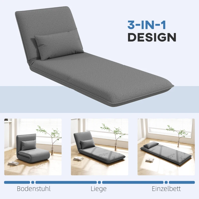 HOMCOM Fauteuil de sol, design 3-en-1, fauteuil de sol réglable, chaise longue pour salon, chambre à coucher, chambre d'amis, bureau, gris