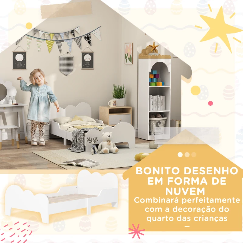 AIYAPLAY Cama para Crianças 143,5x74,5x56 cm Estrutura de Cama Infantil com Desenho de Núvem e Barreira de Segurança Branco