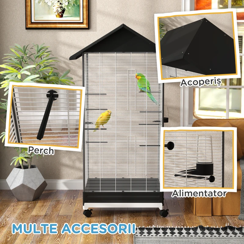 PawHut Colivie pentru Păsări, Volieră cu Tavă Detașabilă, Roți Pivotante și Hrănitoare, 79x65x155 cm, Negru