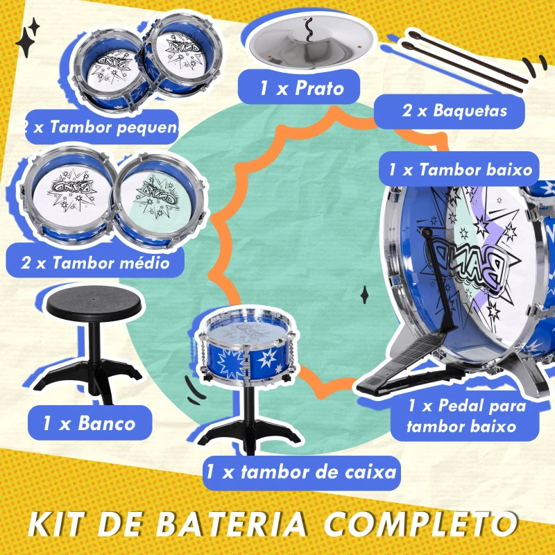 AIYAPLAY Bateria Infantil com Banco Bateria para Crianças acima de 3 Anos com Pedal e Baqueta Desenho de Estrelas 65x22x57 cm Azul