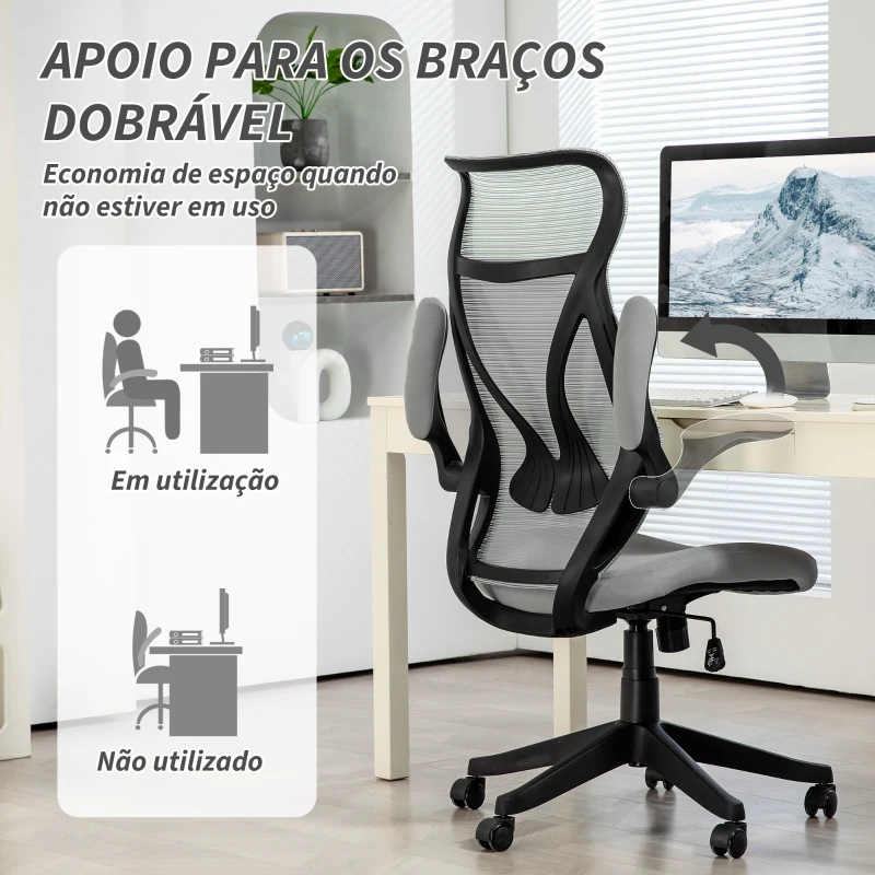 HOMCOM Cadeira de Escritório Giratória com Altura Ajustável Apoio para os Braços Dobráveis e Função Basculante 66x66x113-121 cm Cinza
