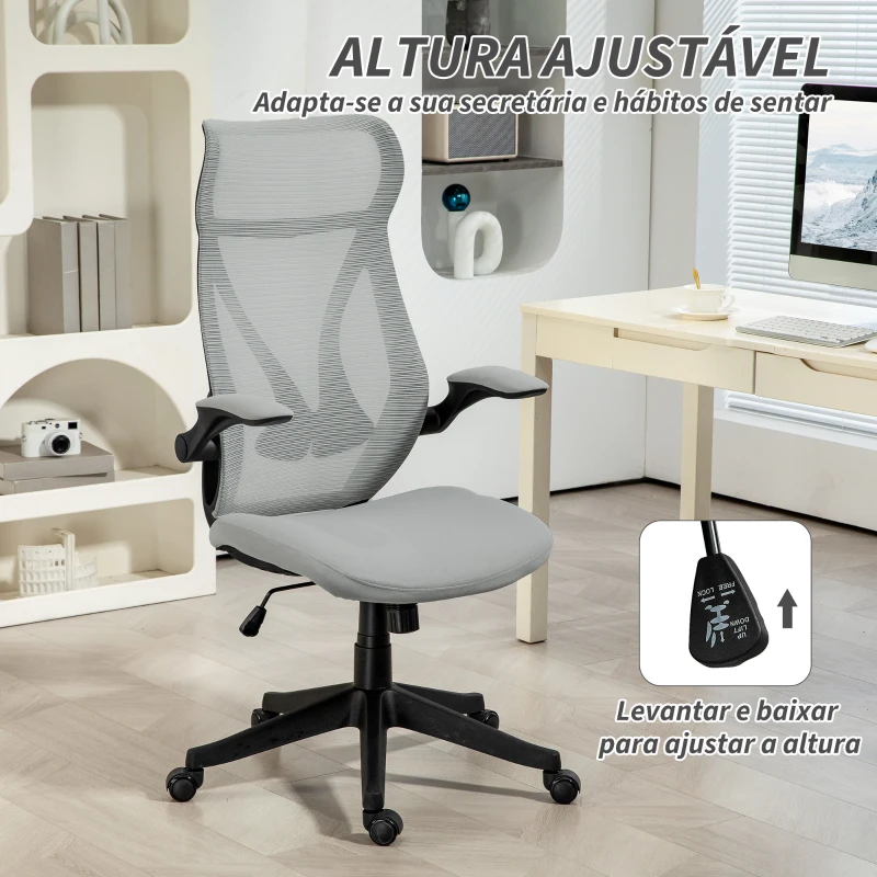 HOMCOM Cadeira de Escritório Giratória com Altura Ajustável Apoio para os Braços Dobráveis e Função Basculante 66x66x113-121 cm Cinza