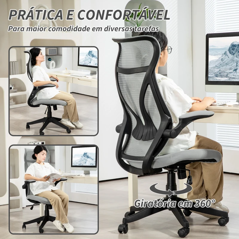 HOMCOM Cadeira de Escritório Giratória com Altura Ajustável Apoio para os Braços Dobráveis e Função Basculante 66x66x113-121 cm Cinza