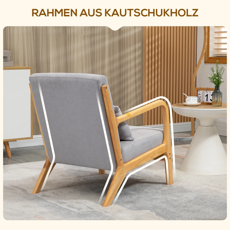 HOMCOM Elegante Loungefauteuil met Houten Frame en Schuimvulling, Fluweelachtig, voor Woonkamer, Slaapkamer, Grijs