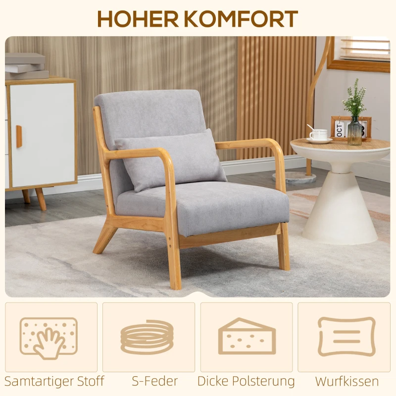HOMCOM Elegante Loungefauteuil met Houten Frame en Schuimvulling, Fluweelachtig, voor Woonkamer, Slaapkamer, Grijs