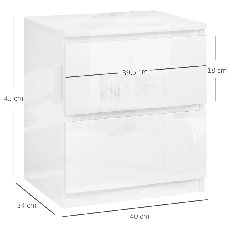 HOMCOM Mesa de Cabeceira Moderna Mesa de Cabeceira com 2 Gavetas Mesa de Cabeceira para Dormitório 40x34x45 cm Branco Brilhante