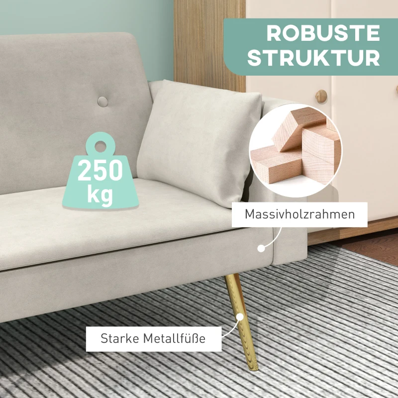 HOMCOM Tweezits Bedbank, Verstelbare Rugleuning, Zachte Kussens, Fluweelachtige Bekleding, voor Woonkamer, Gastenkamer, Beige