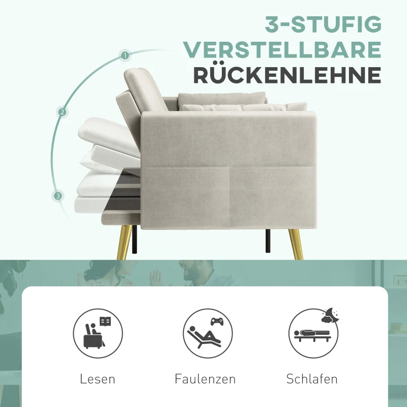 HOMCOM Tweezits Bedbank, Verstelbare Rugleuning, Zachte Kussens, Fluweelachtige Bekleding, voor Woonkamer, Gastenkamer, Beige