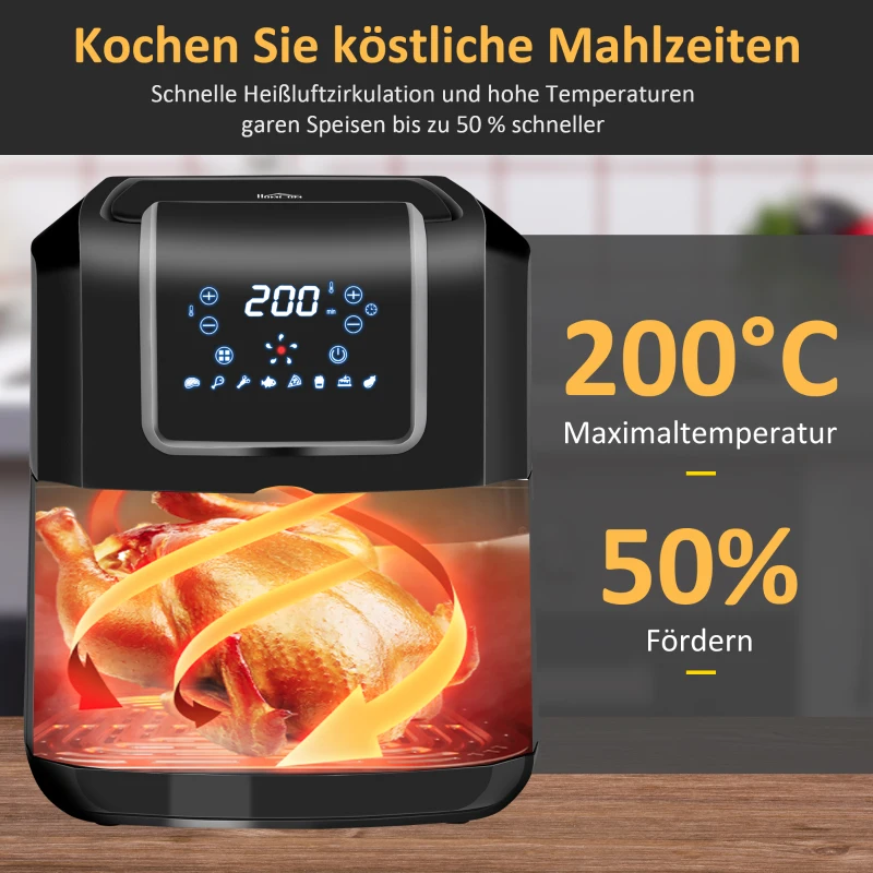 HOMCOM Heißluftfritteuse 6,5 L 1700W mit 8 Menüs LED-Display Antihaftbeschichteter Korb für gesundes ölfreies fettarmes Kochen Schwarz 36,5 x 29 x 33,8 cm