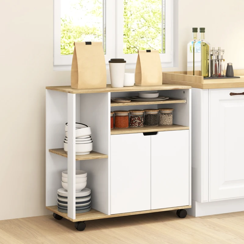 HOMCOM Rijdende Keukentrolley met Opbergruimte, Schrank, Verstelbare Planken, voor Keuken, Woonkamer, Eetkamer, Wit(m-8)
