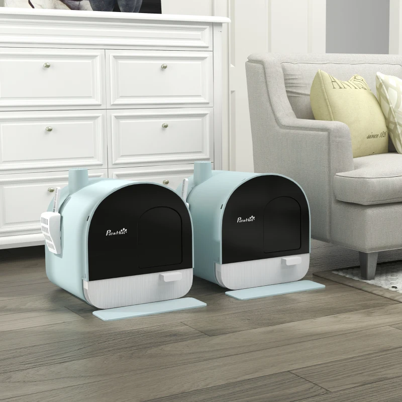 PawHut Lot de 2 bacs à litière pour chat avec porte battante, pelle et filtre inclus dim. 43L x 44l x 47H cm