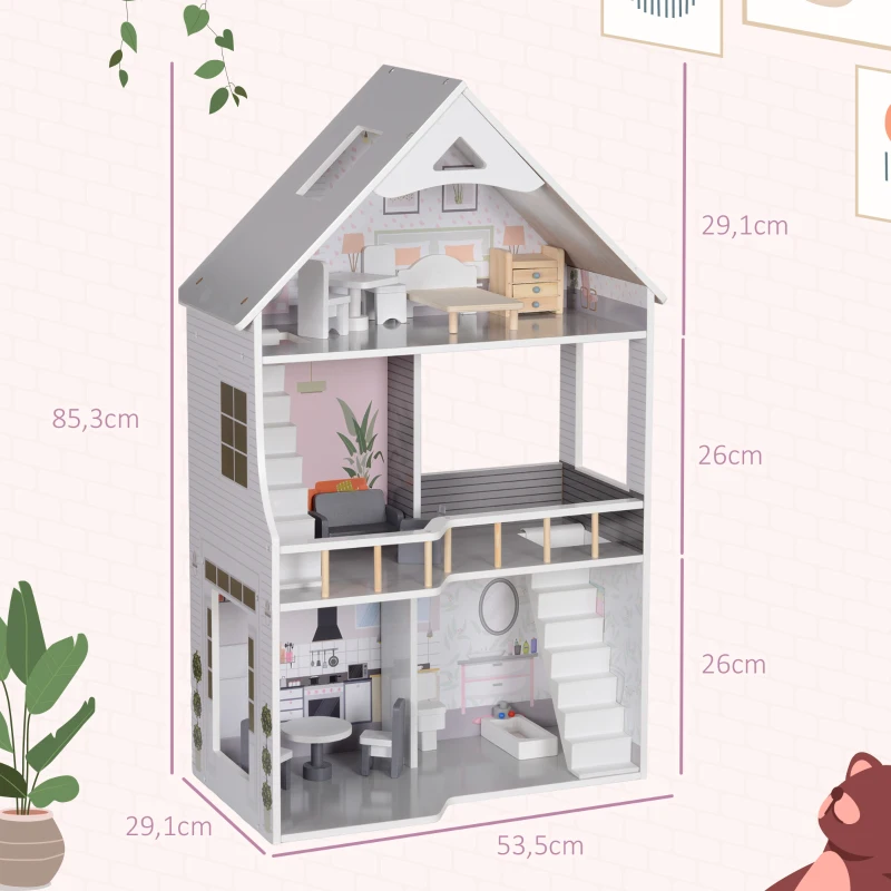 AIYAPLAY Casa de Bonecas com Móveis e Acessórios Casa de Bonecas de Madeira com 3 Andares  53,5x29,1x85,3 cm Multicor