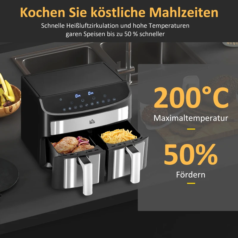 HOMCOM Heißluftfritteuse Multifunktionale Heißluftfritteuse, 8 L Fassungsvermögen, 2 Körbe, 60 min Time, Silber + Schwarz(m-14)