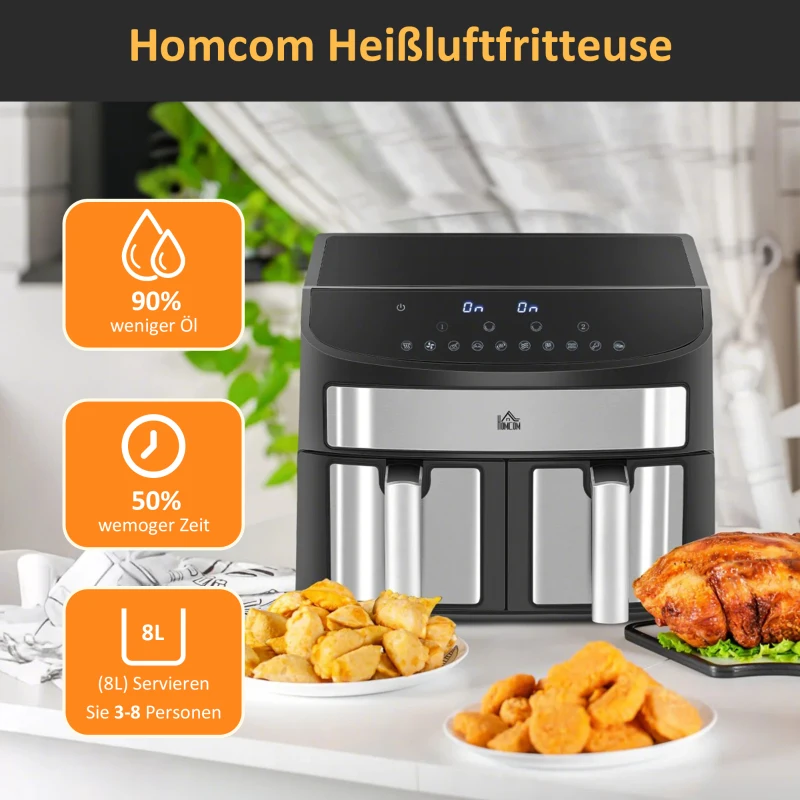 HOMCOM Heißluftfritteuse Multifunktionale Heißluftfritteuse, 8 L Fassungsvermögen, 2 Körbe, 60 min Time, Silber + Schwarz(m-11)