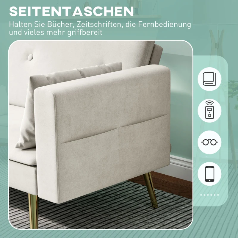 HOMCOM Tweezits Bedbank, Verstelbare Rugleuning, Zachte Kussens, Fluweelachtige Bekleding, voor Woonkamer, Gastenkamer, Beige