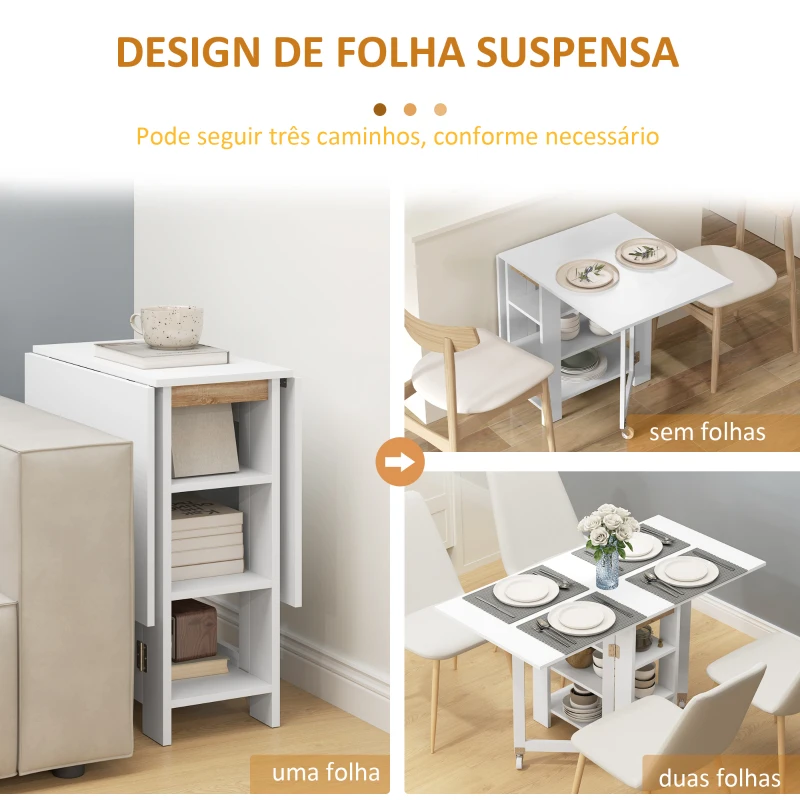 HOMCOM Mesa Dobrável com Asas Dobráveis Mesa de Cozinha com 2 Rodas e Prateleiras Estilo Moderno 120x60x75 cm Branco