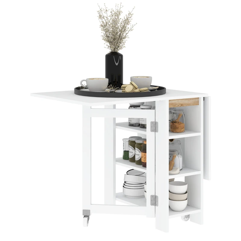 HOMCOM Mesa Dobrável com Asas Dobráveis Mesa de Cozinha com 2 Rodas e Prateleiras Estilo Moderno 120x60x75 cm Branco