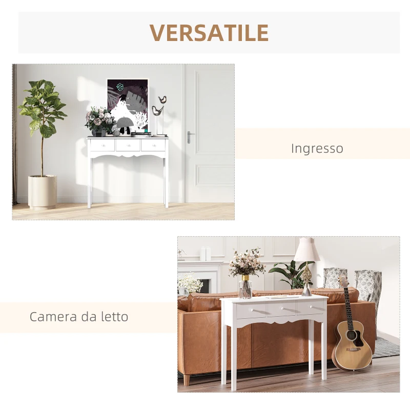 HOMCOM Tavolo Consolle Moderno da Ingresso in MDF con 3 Cassetti, 100x32x85 cm, Bianco