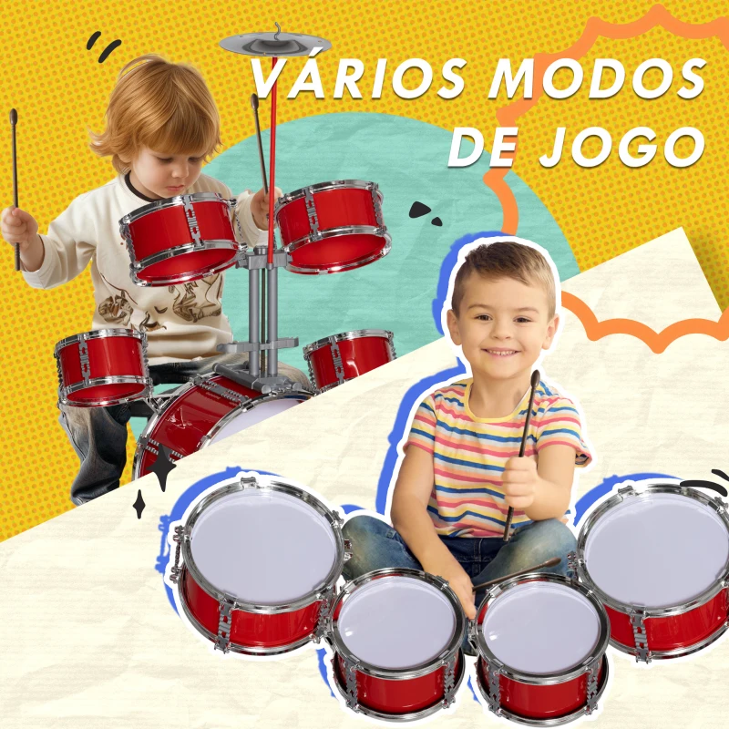 AIYAPLAY Bateria Infantil com Banco Bateria para Crianças Acima de 3 Anos com Tambores Pedas e Baquetas 68,5x37x84 cm Vermelho