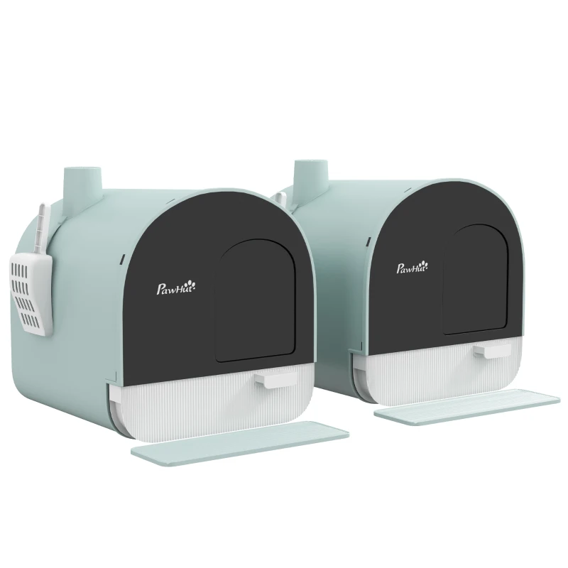 PawHut Lot de 2 bacs à litière pour chat avec porte battante, pelle et filtre inclus dim. 43L x 44l x 47H cm
