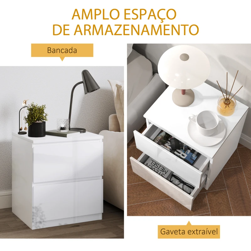HOMCOM Mesa de Cabeceira Moderna Mesa de Cabeceira com 2 Gavetas Mesa de Cabeceira para Dormitório 40x34x45 cm Branco Brilhante