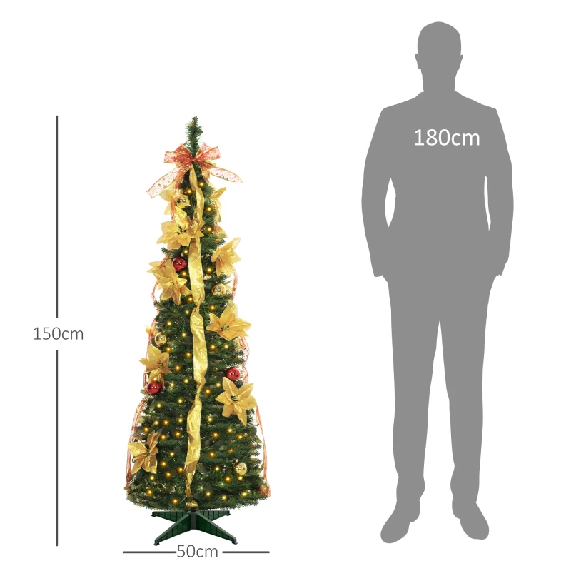 HOMCOM Árvore de Natal Dobrável 150 cm Árvore de Natal Artificial com Luzes LED e Decorações Pré-Instaladas Ø50x150 cm Verde