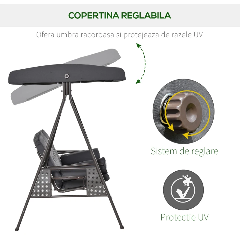 Outsunny Leagăn de Grădină pentru 3 Persoane, Bancă Balansoar cu Copertină Reglabilă și Perne, 120x208x172 cm, Gri