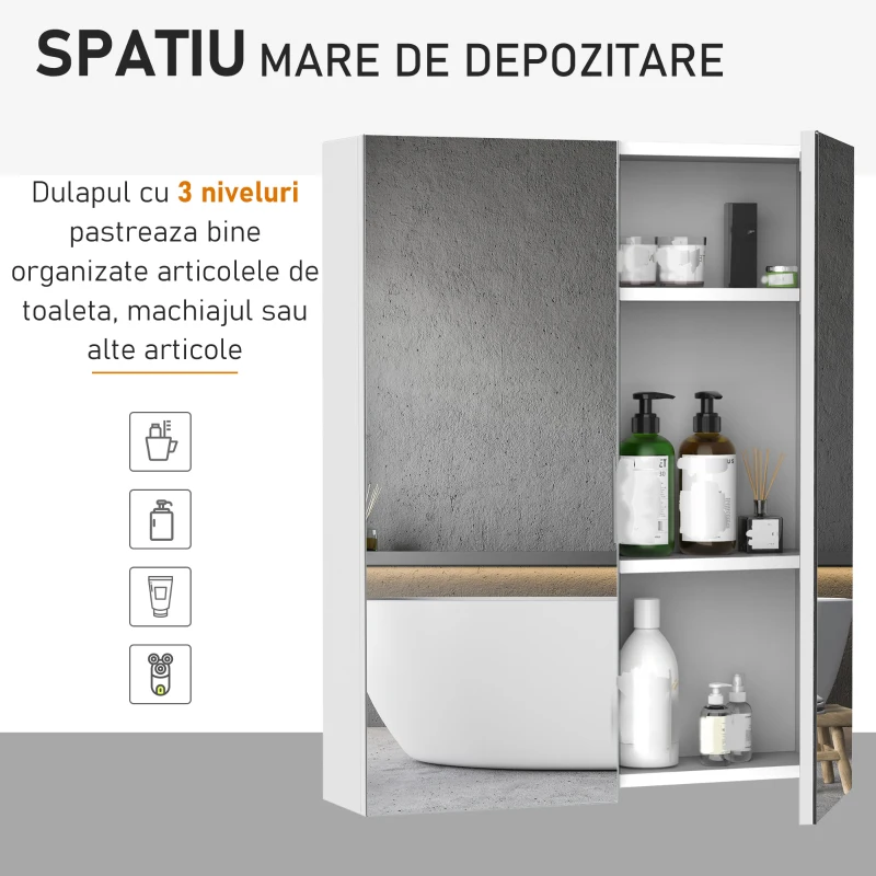 HOMCOM Dulap de Baie Suspendat cu Două Uși Frontale, Oglindă și 2 Rafturi Interioare din MDF, 60x15x75 cm, Alb