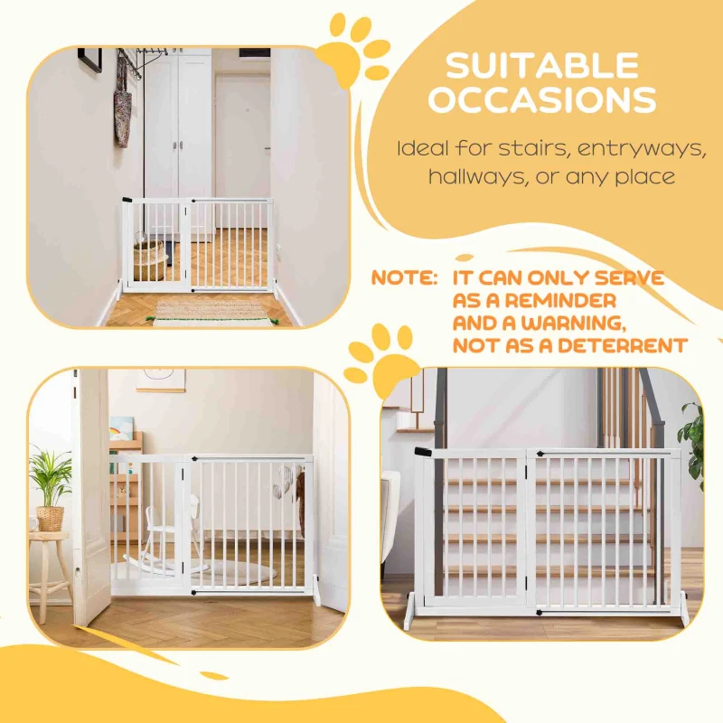 PawHut Adjustable Wooden Pet Gate Freestanding Dog Barrier Fence Doorway 3 Panels Safety Gate w/ Lockable Door White 71H x 113-166W cm