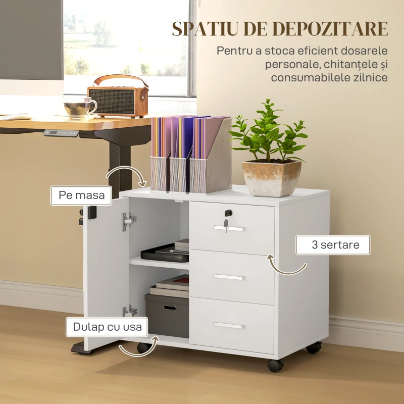 HOMCOM Dulap de Birou cu 3 Sertare și Dulăpior cu 3 Rafturi Reglabile, Sertar pentru Documente, 60x40x56 cm, Alb