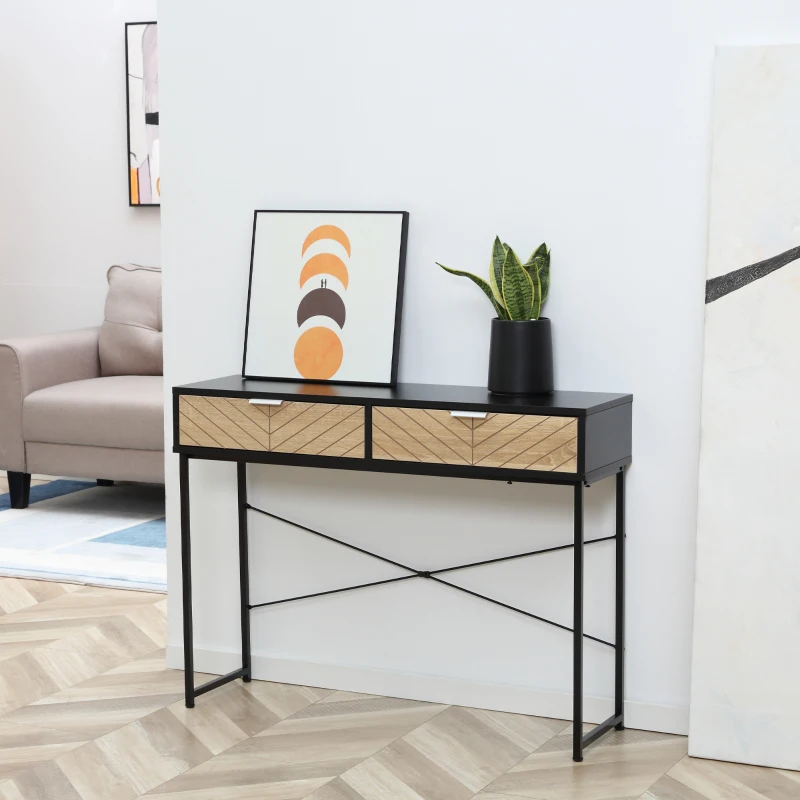Consola Moderna HOMCOM pentru Hol si Sufragerie cu 2 Sertare Metalice 100x30x75cm - Negru