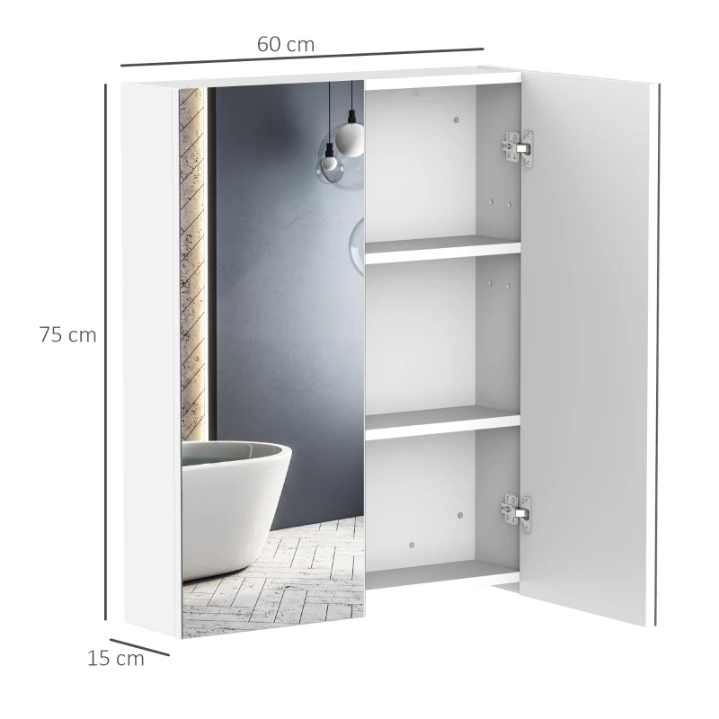HOMCOM Dulap de Baie Suspendat cu Două Uși Frontale, Oglindă și 2 Rafturi Interioare din MDF, 60x15x75 cm, Alb