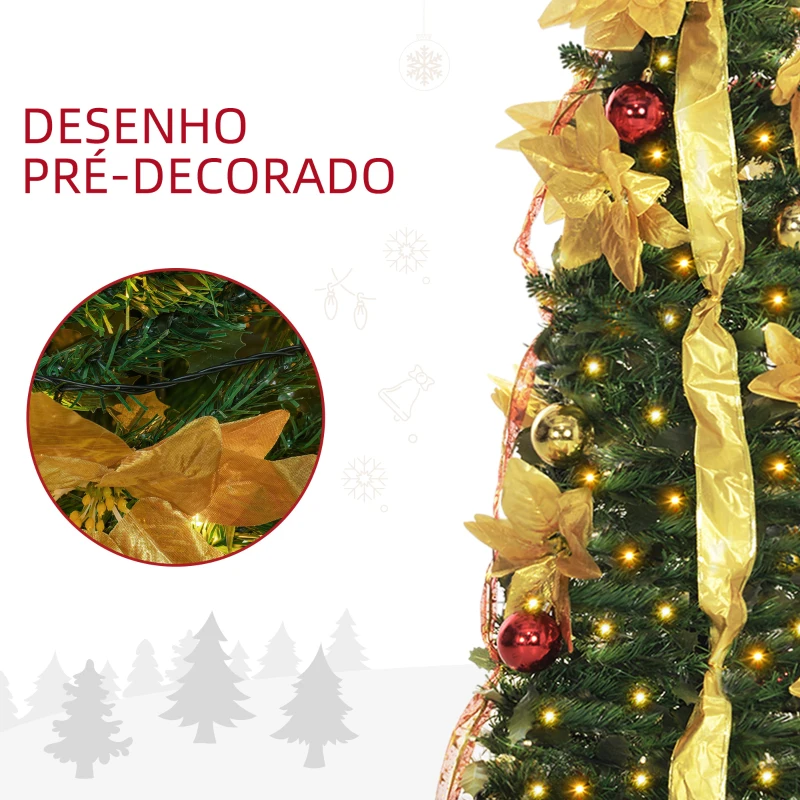 HOMCOM Árvore de Natal Dobrável 150 cm Árvore de Natal Artificial com Luzes LED e Decorações Pré-Instaladas Ø50x150 cm Verde