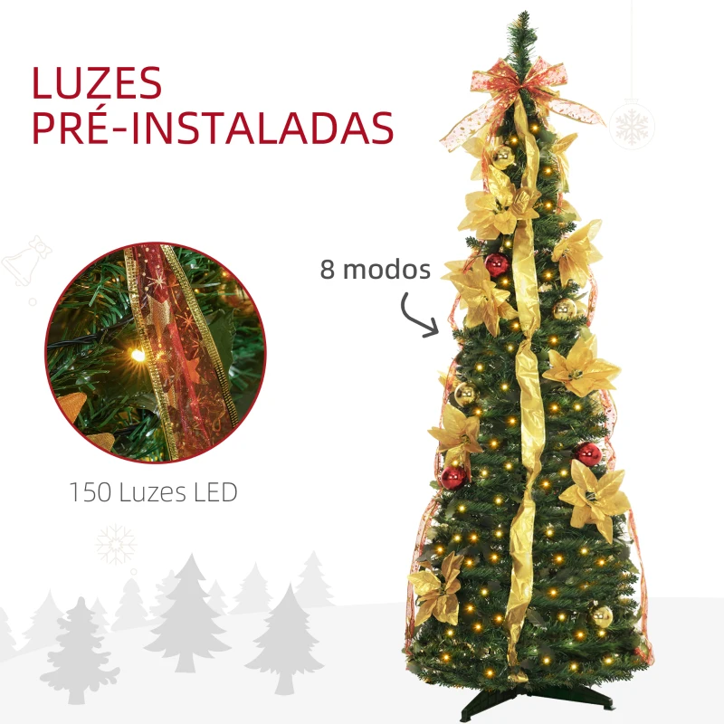 HOMCOM Árvore de Natal Dobrável 150 cm Árvore de Natal Artificial com Luzes LED e Decorações Pré-Instaladas Ø50x150 cm Verde