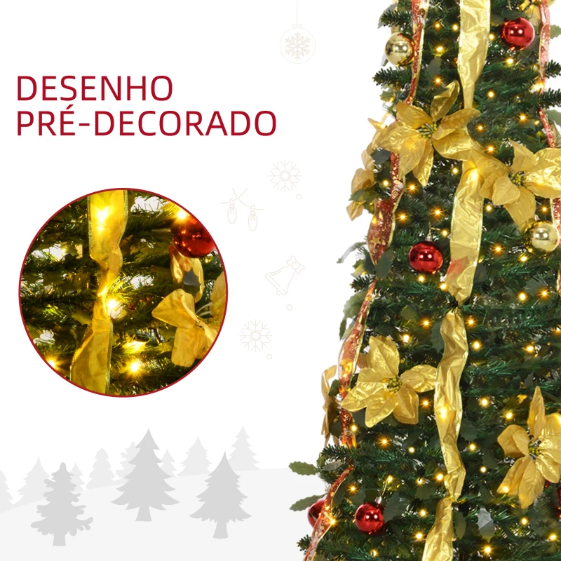HOMCOM Árvore de Natal Dobrável 180 cm Árvore de Natal Artificial com Luzes LED e Decorações Pré-Instaladas  Ø60x180 cm Verde