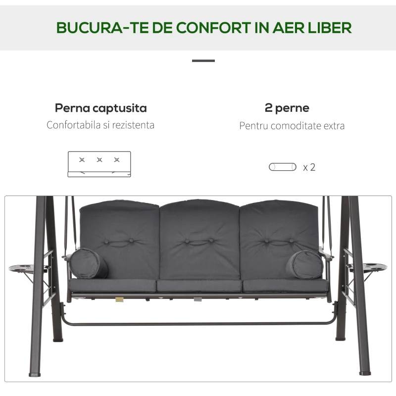 Outsunny Leagăn de Grădină pentru 3 Persoane, Bancă Balansoar cu Copertină Reglabilă și Perne, 120x208x172 cm, Gri